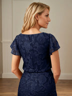 A Line Boat Neck Short Sleeve Floral Burnout Mother of the Bride Dress