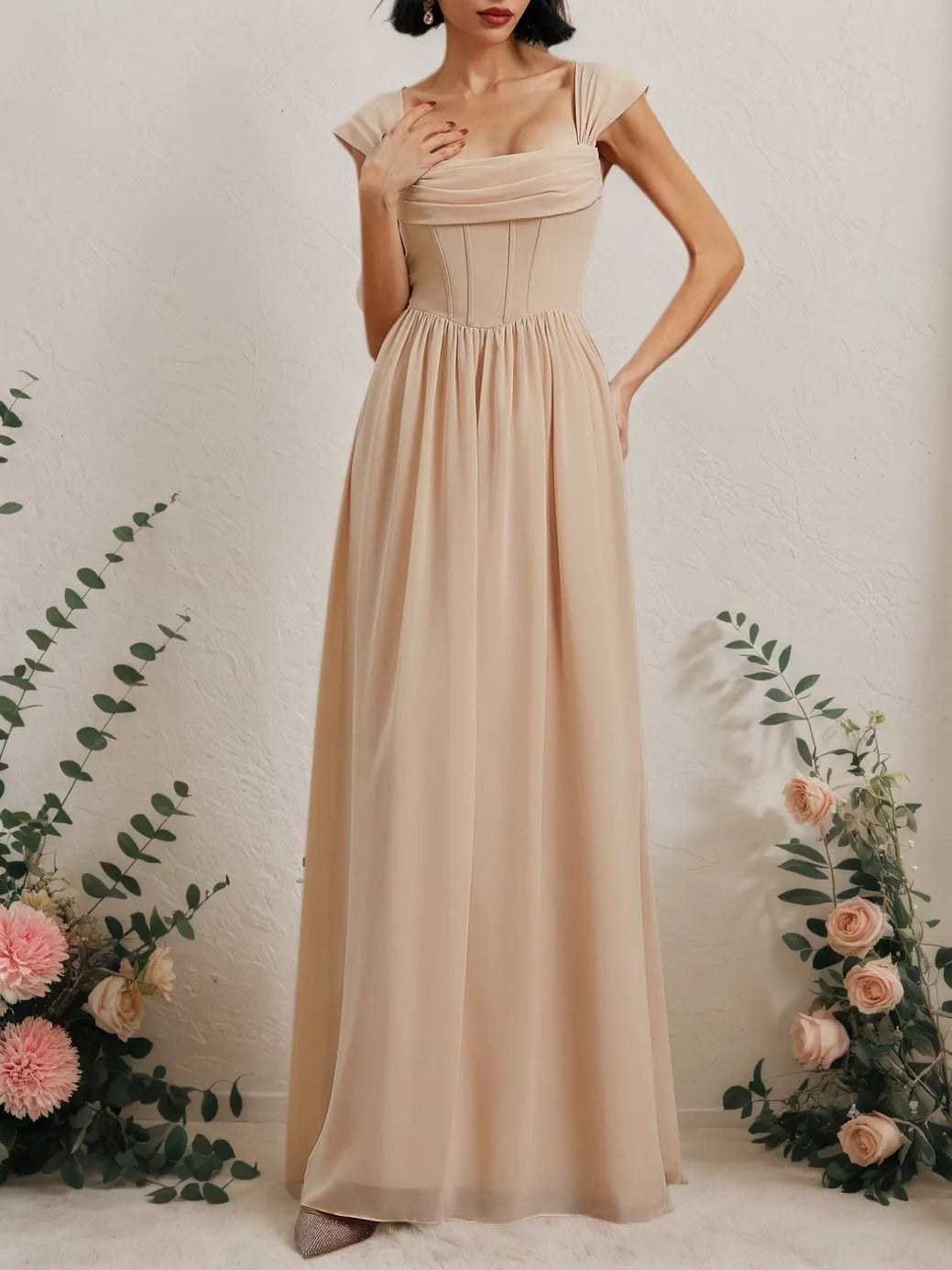 Rosa klassisches Maxikleid mit quadratischem Ausschnitt, ärmellos, A-Linie