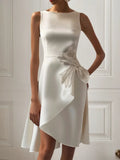 White Sequin Bow Sleeveless A-Line Midi Homecoming Dress