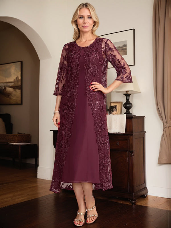 Cabernet A-Linien Rundhals Tee-Länge Spitzen-Chiffon Kleid für die Brautmutter