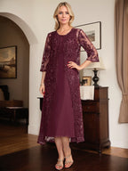 Cabernet A-Linien Rundhals Tee-Länge Spitzen-Chiffon Kleid für die Brautmutter