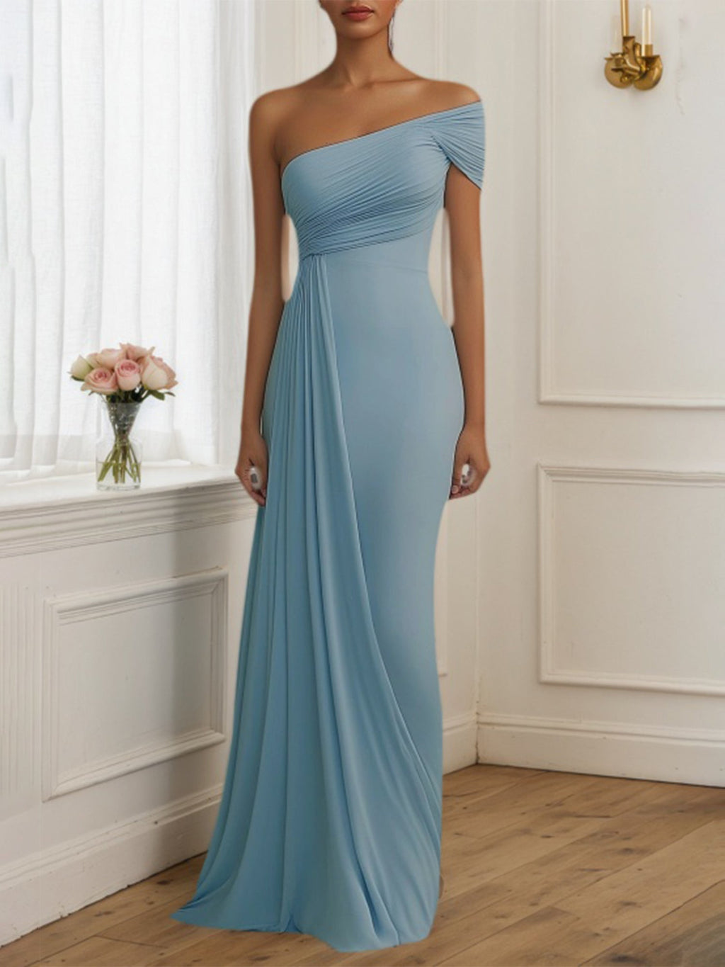 Formal Evening Dress Light Blue One Shoulder Ruched Floor Dress