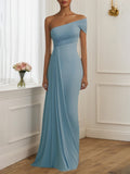 Formal Evening Dress Light Blue One Shoulder Ruched Floor Dress