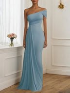 Formal Evening Dress Light Blue One Shoulder Ruched Floor Dress