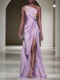 Robe violette classique ligne A à une épaule, sans manches, avec appliques et fronces