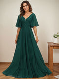 A-Linien V-Ausschnitt bodenlanges Chiffon Mutterkleid der Braut mit Pailletten-Applikationen, Spitze und Falten