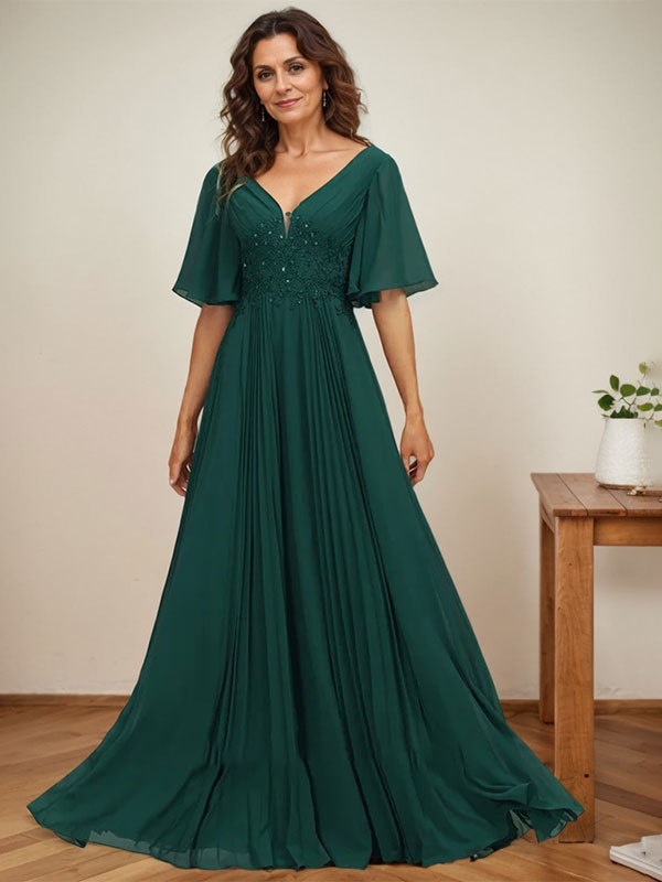 A-Linien V-Ausschnitt bodenlanges Chiffon Mutterkleid der Braut mit Pailletten-Applikationen, Spitze und Falten