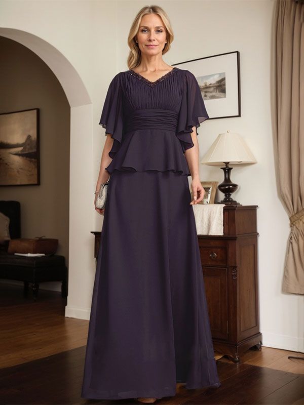 A-Linien Chiffon-Mutter-der-Braut-Kleid mit V-Ausschnitt, bodenlang, plissierte Perlenverzierung