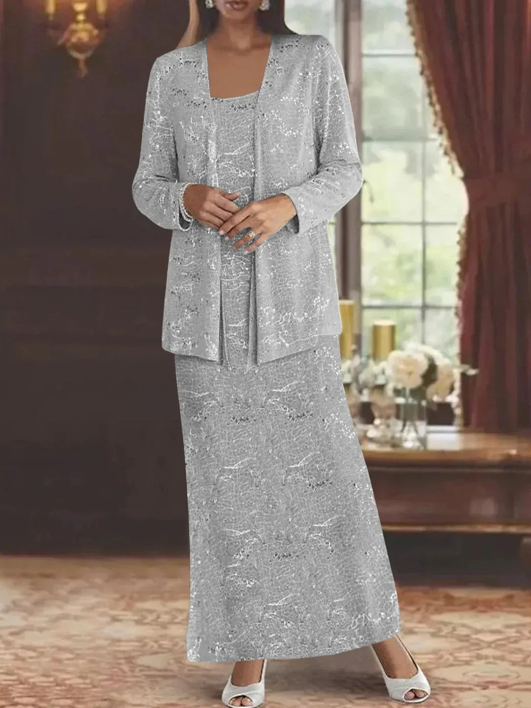 Abiti da madre della sposa in chiffon con paillettes e giacca
