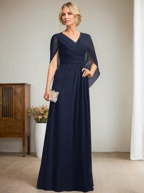 Dunkelmarineblaues A-Linien V-Ausschnitt langes Kleid für die Mutter der Braut