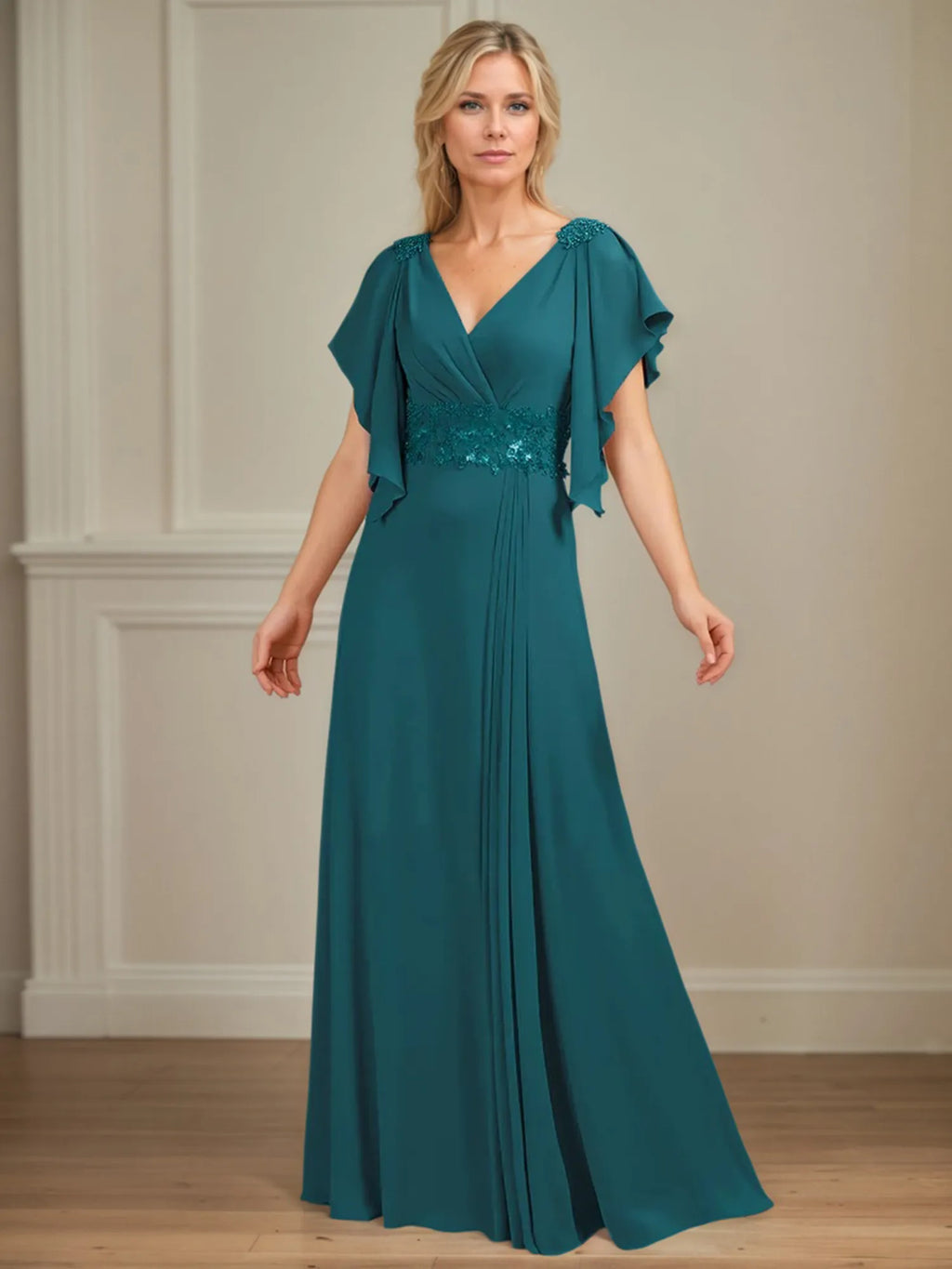 A-Linien V-Ausschnitt Appliziertes bodenlanges Kleid für die Brautmutter mit Rüschen