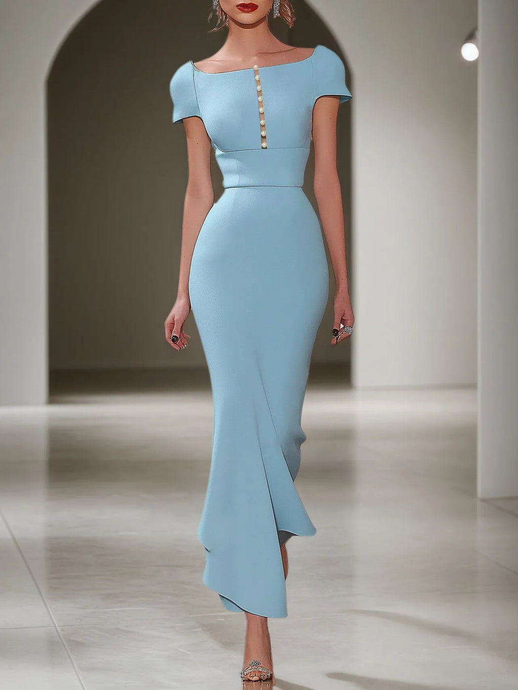Vestido longo azul claro com pérolas falsas, decote quadrado e mangas curtas