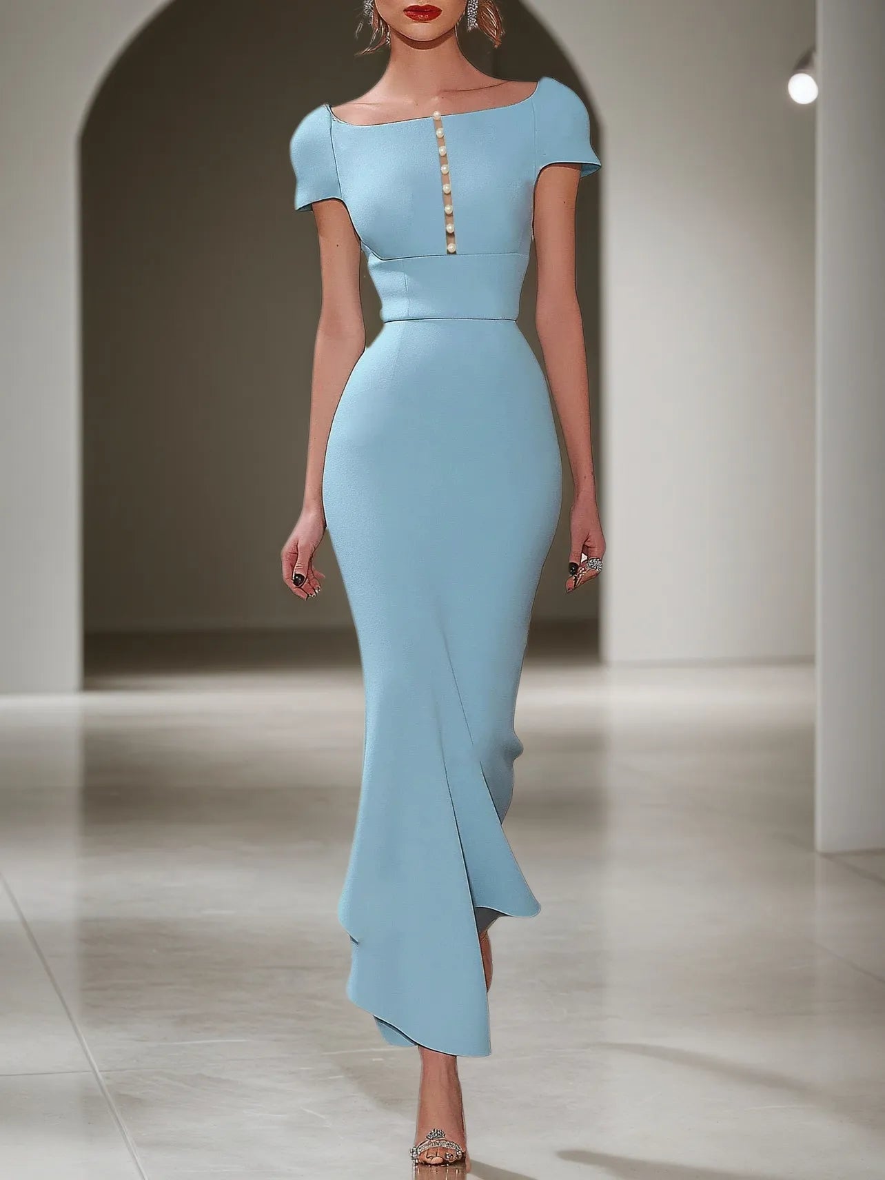 Vestido longo azul claro com pérolas falsas, decote quadrado e mangas curtas