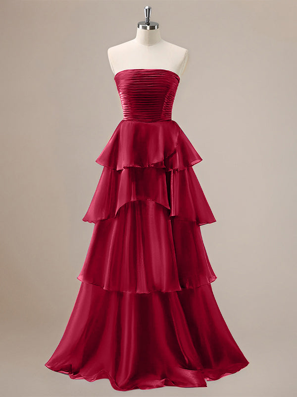 Red A Line Strapless Pleated Tiered Floor Length Ruffle Bridesmaid Dress