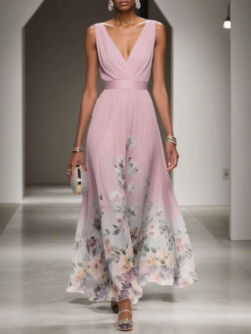 Pink Floral Chiffon V Neck Sleeveless A-Line Maxi Dress