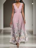 Pink Floral Chiffon V Neck Sleeveless A-Line Maxi Dress