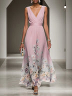 Pink Floral Chiffon V Neck Sleeveless A-Line Maxi Dress
