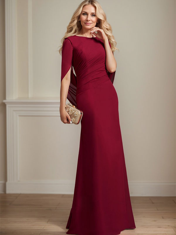 Vestido de madre de la novia trompeta/sirena de gasa con escote barco, largo hasta el suelo y plisado