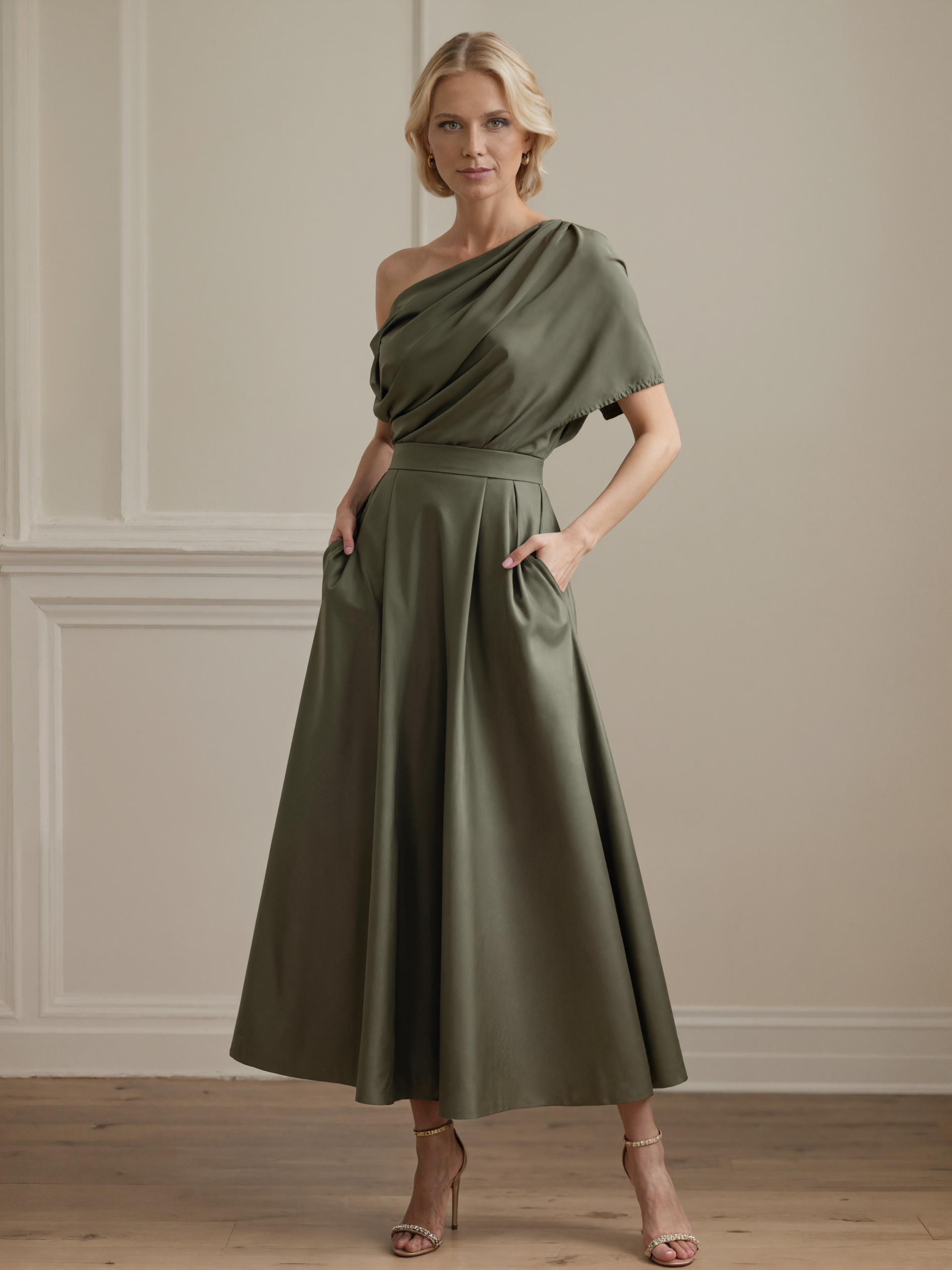 A Line Satin One Shoulder Pleated Ankle Length Mother of the Bride Dress