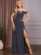 A-line Off the Shoulder Floor-Length Lace Chiffon Evening Dress With Sequins