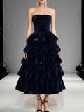 Evening Formal Dress Navy Off The Shoulder Velvet Maxi Dress With Ruffles