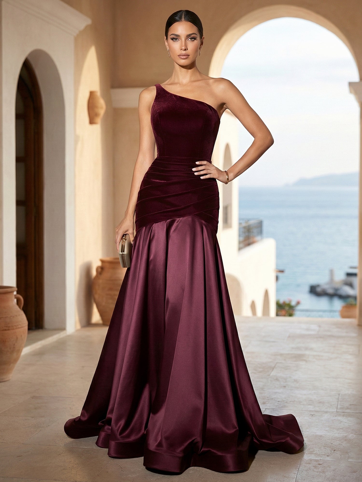 One Shoulder Mermaid Velvet Pleat Evening Dresses for Women