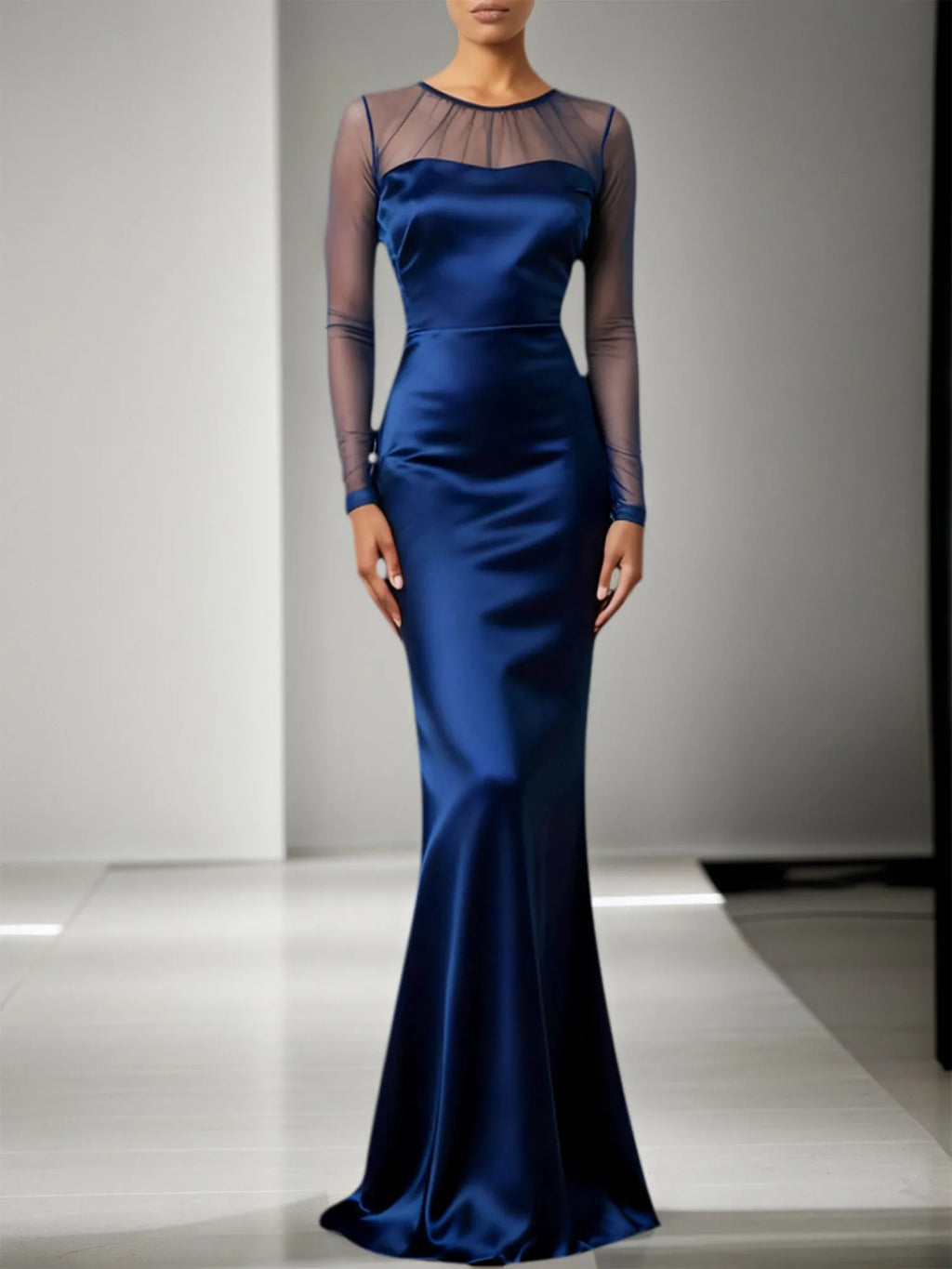 Marineblaues formelles Meerjungfrau Kleid mit transparenten Ärmeln Satin Maxikleid