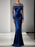 Marineblaues formelles Meerjungfrau Kleid mit transparenten Ärmeln Satin Maxikleid