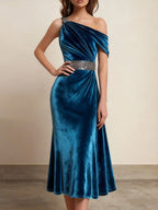 Formelles blaues Etuikleid mit Ein-Schulter-Träger, tailliertem Samt-Midikleid