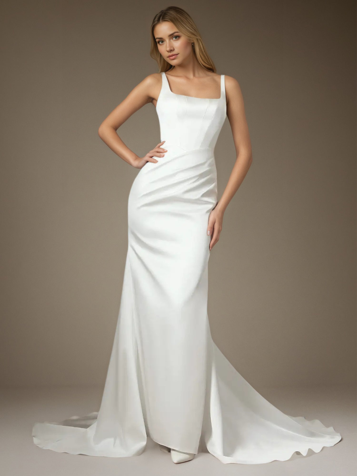 Vestido de novia blanco sirena con escote cuadrado y satén doble faz