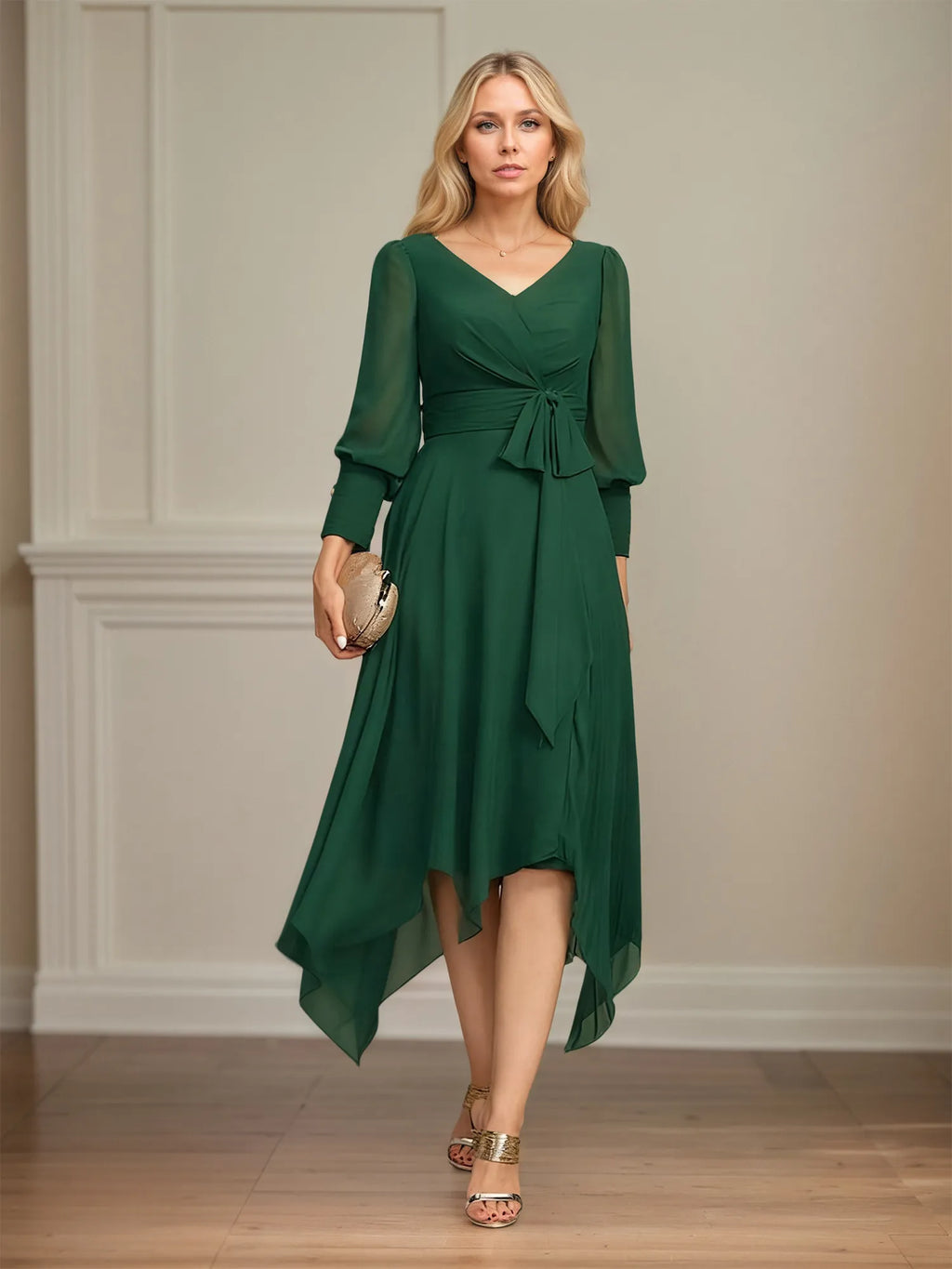A-Linien V-Ausschnitt Asymmetrisches Chiffon Kleid für die Mutter der Braut mit Schleife und Plissee