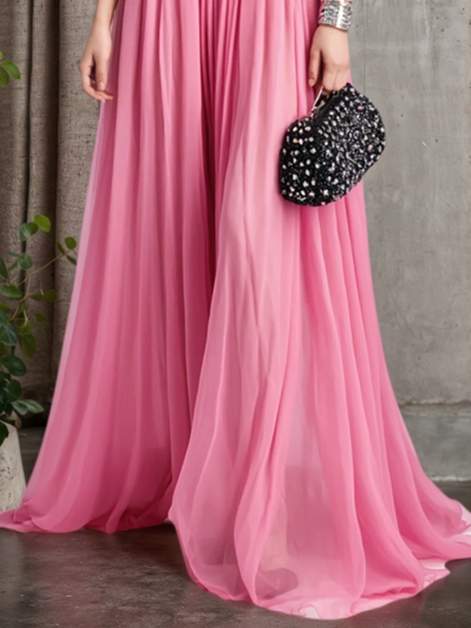 Holiday Evening Dress Pink Strapless Ruched Floor Chiffon Dress