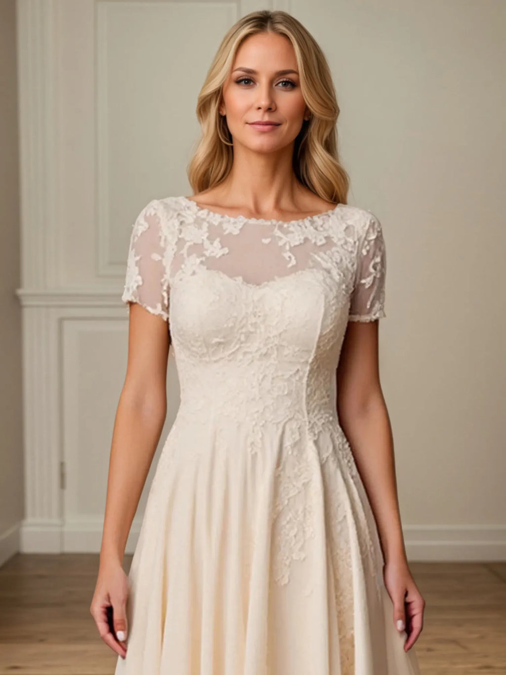 Vestido de madre de la novia línea A con escote redondo y mangas cortas de gasa