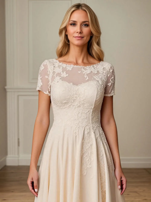 A Line Scoop Neck Short Sleeve Chiffon Mother of the Bride Dress