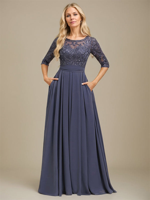 Vestido largo hasta el suelo en línea A con escote redondo, encaje y gasa para madre de la novia con apliques de lentejuelas