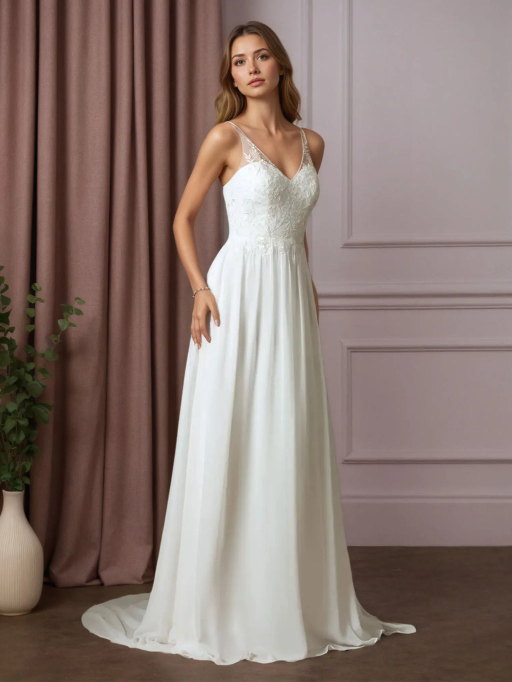 Vestido de novia blanco en línea A de gasa con lentejuelas