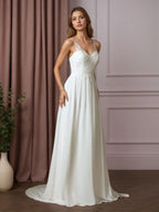 Vestido de novia blanco en línea A de gasa con lentejuelas