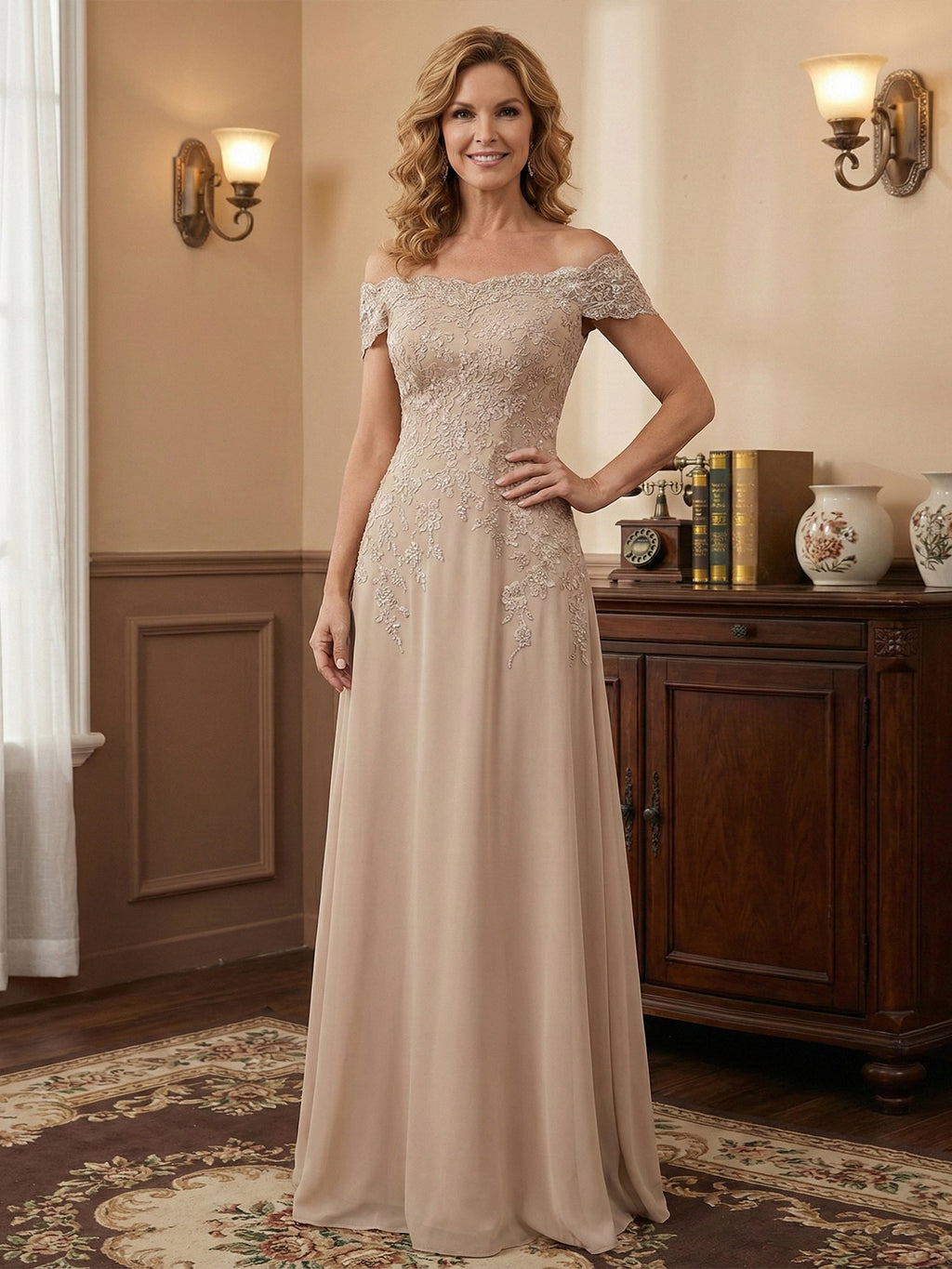 Vestido elegante de madre de la novia en tono topo, tipo columna, sin hombros y con encaje