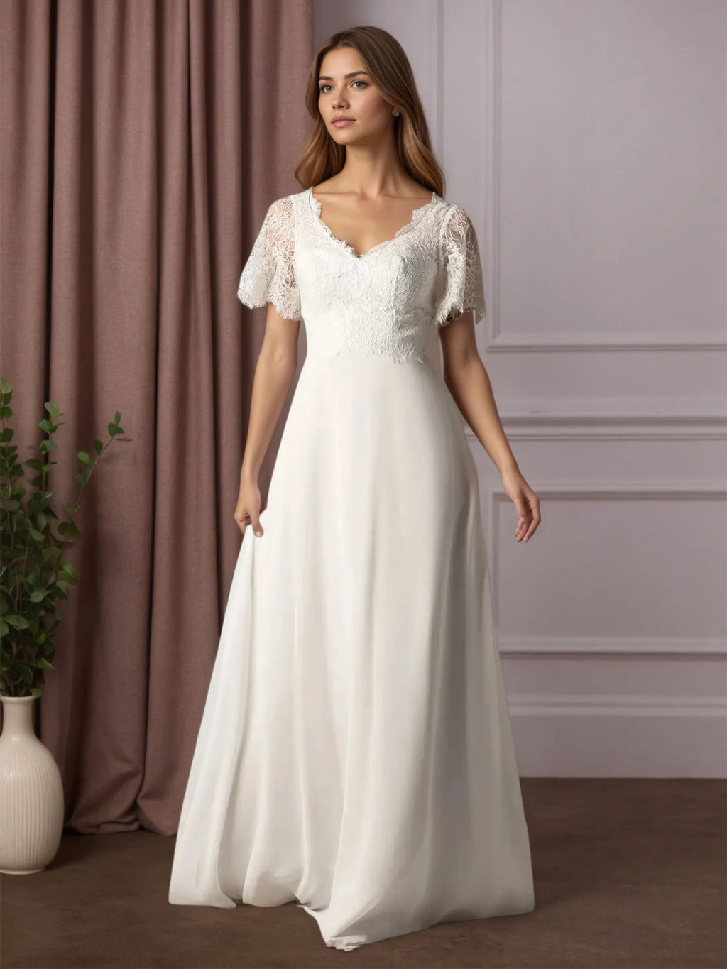 Weißes A-Linien V-Ausschnitt Spitzen Chiffon Hochzeitskleid