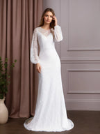 Vestido de novia blanco sirena con escote redondo y encaje