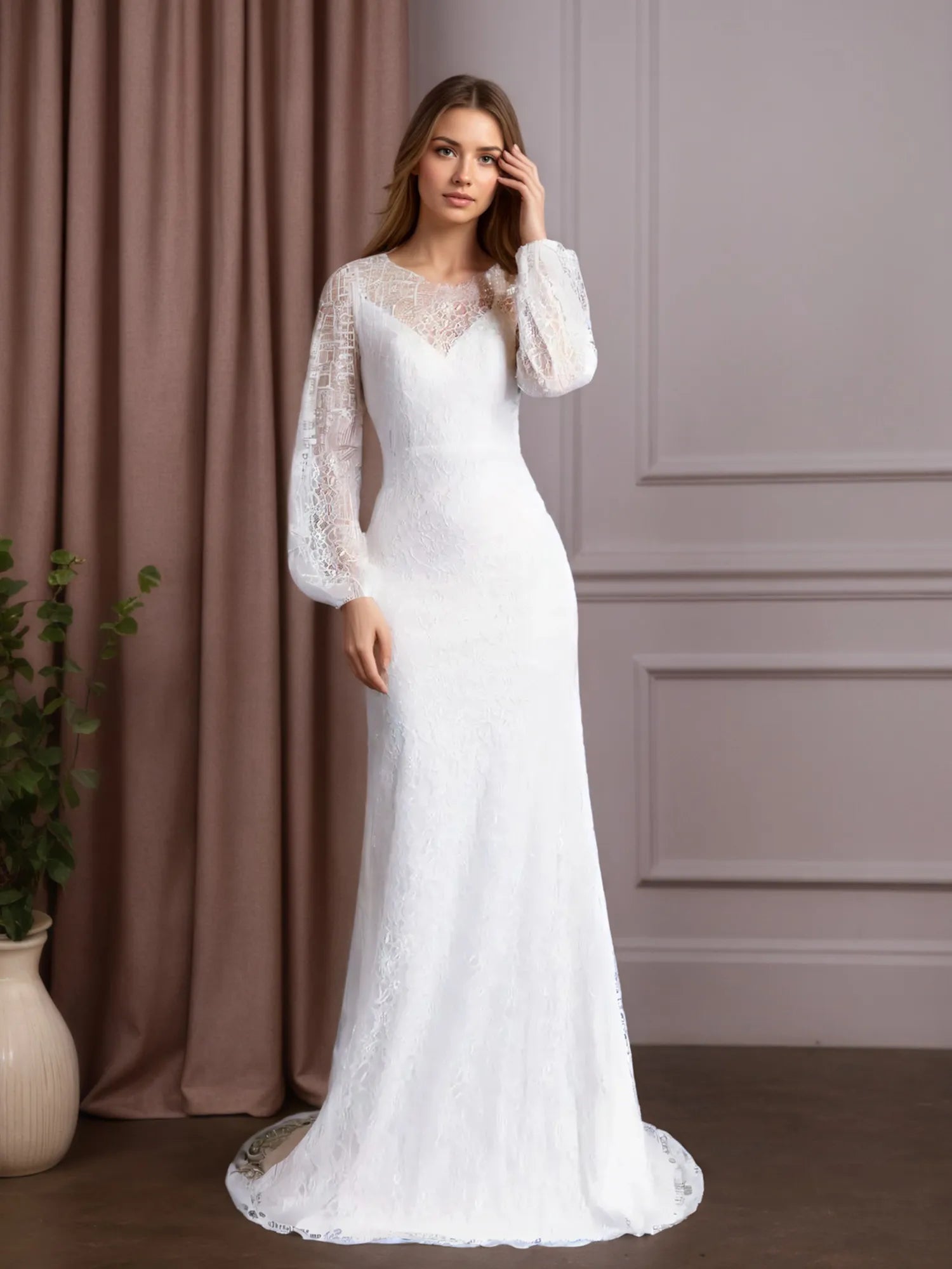 Vestido de novia blanco sirena con escote redondo y encaje