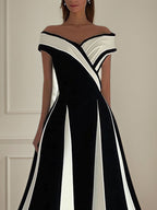 A Line Elegant Black&White Chiffon Off the Shoulder Sleeveless Floor Length Dress