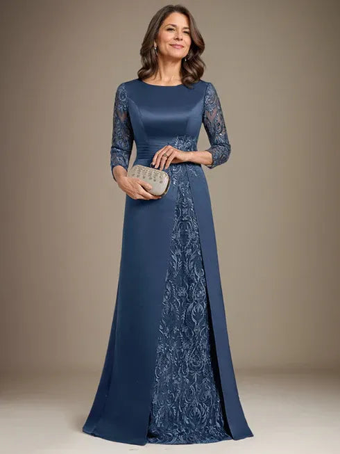 Vestido de madre de la novia largo hasta el suelo con encaje, satén, línea A, escote redondo y aplicaciones