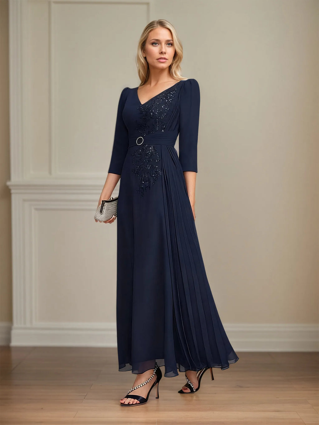 A-Linien Spitzen-Chiffon-Mutter-der-Braut-Kleid mit V-Ausschnitt, knöchellang und plissierten Pailletten