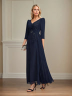 A-Linien Spitzen-Chiffon-Mutter-der-Braut-Kleid mit V-Ausschnitt, knöchellang und plissierten Pailletten