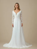 Vestido de novia blanco línea A con escote en V, lentejuelas y gasa