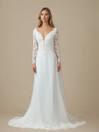 Vestido de novia blanco línea A con escote en V, lentejuelas y gasa