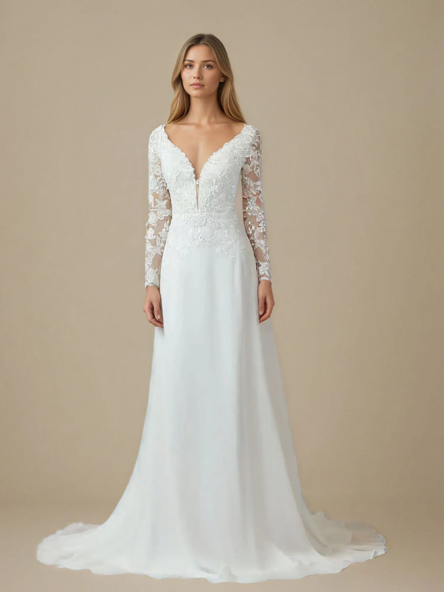 Vestido de novia blanco línea A con escote en V, lentejuelas y gasa