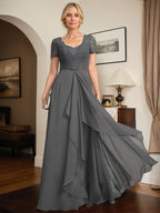 Vestido de madre de la novia línea A con escote corazón, largo hasta el suelo, de gasa y encaje con abalorios y volantes en cascada