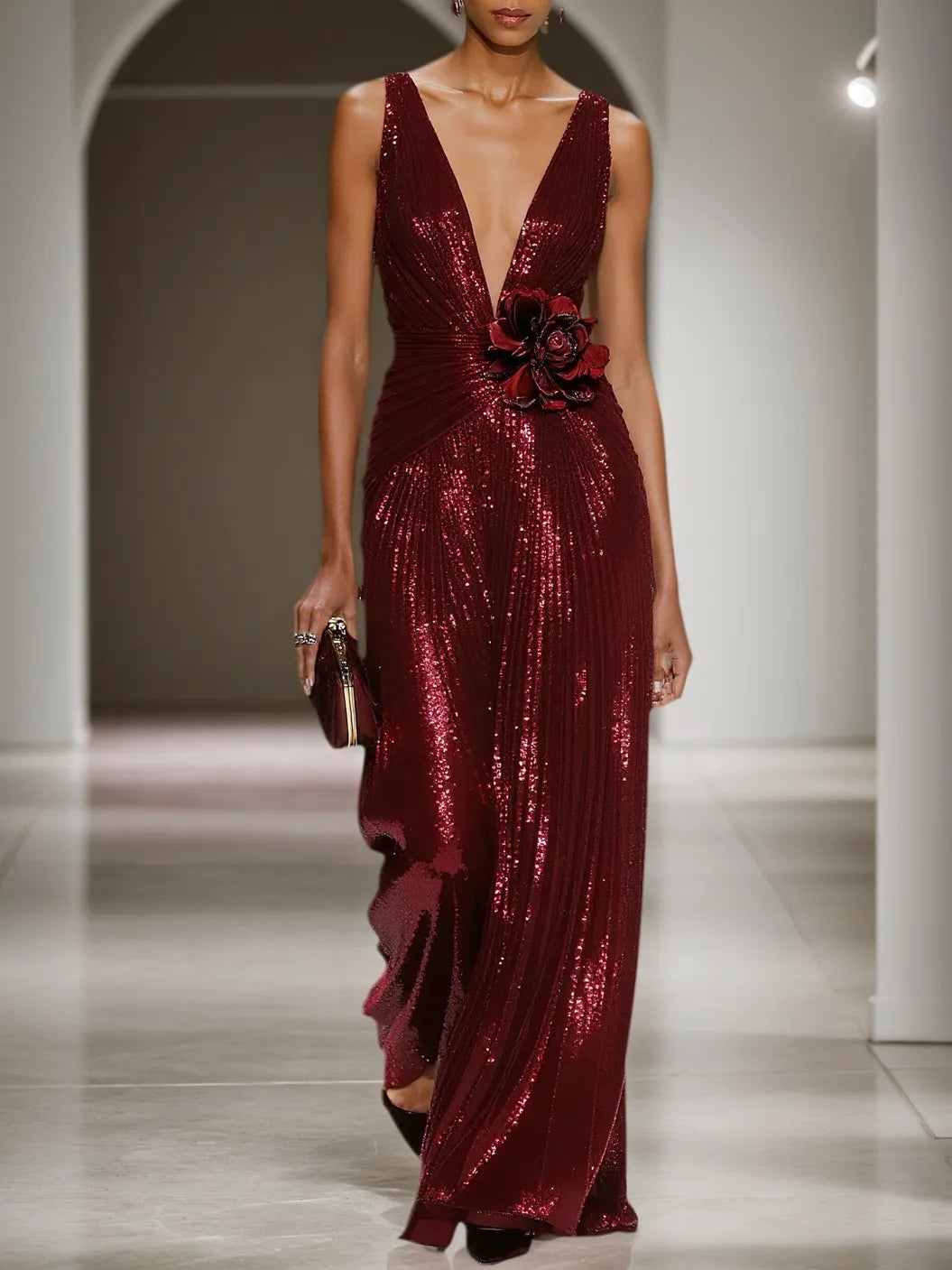 Abito lungo a tubino senza maniche color rosso vino con scollo a V e paillettes floreali 3D
